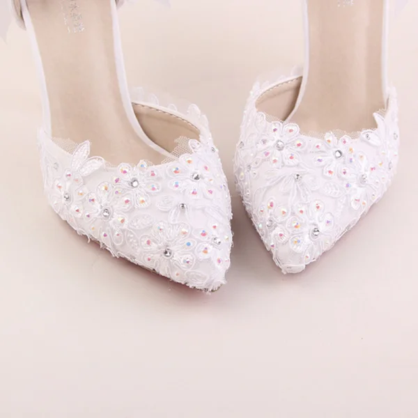 Elegant Ivory Wedding Shoes 2020 Rhinestone Lace Flower Bow 9 cm Stiletto Heels Pointed Toe Wedding Sandals