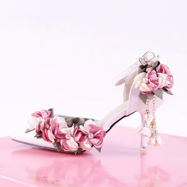 Chic / Beautiful White Flower Outdoor / Garden Womens Sandals 2020 Ankle Strap 9 cm Stiletto Heels Pointed Toe Sandals