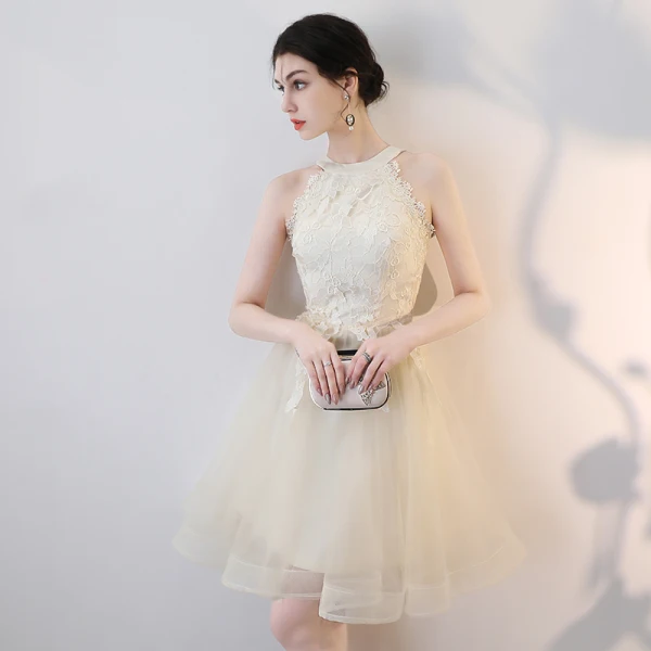 Chic / Beautiful Champagne Homecoming Graduation Dresses 2018 Ball Gown Appliques Lace Scoop Neck Strapless Sleeveless Short Formal Dresses