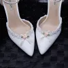 Fine Hvit Brudepike Sandaler Dame 2020 Ankelstropp Blonder Blomst 9 cm Stiletthæler Spisse Sandaler