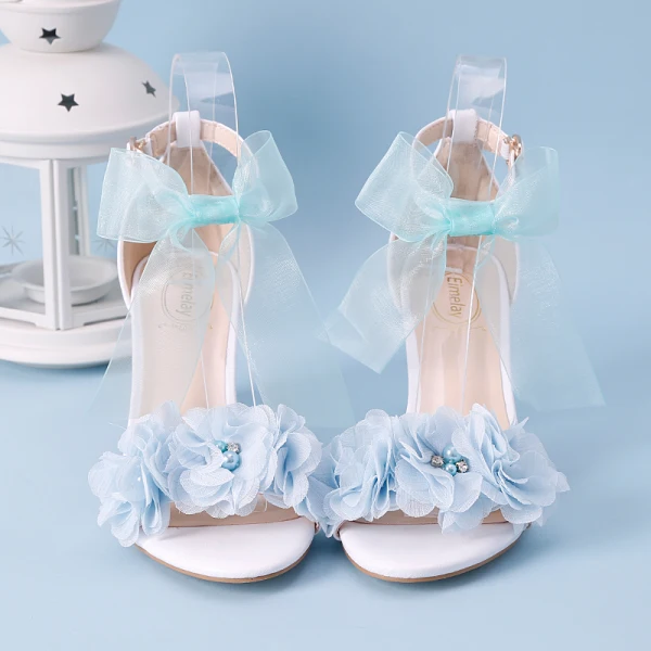 Chic / Beautiful White Outdoor / Garden Womens Sandals 2020 Bow Ankle Strap Pearl Rhinestone 7 cm Stiletto Heels Open / Peep Toe Sandals