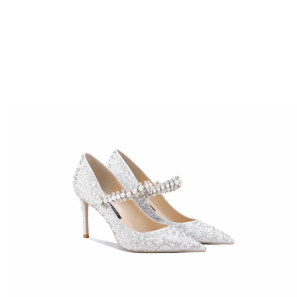 Luxe Ivoire Glitter Chaussure De Mariée 2020 Cuir Faux Diamant Perle 8 cm Talons Aiguilles À Bout Pointu Mariage Escarpins