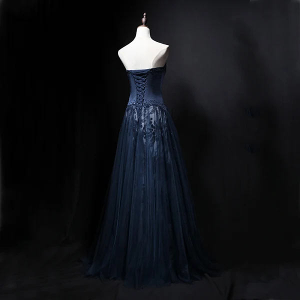Chic / Beautiful Navy Blue Evening Dresses 2018 A-Line / Princess Crystal Strapless Sleeveless Backless Floor-Length / Long Formal Dresses