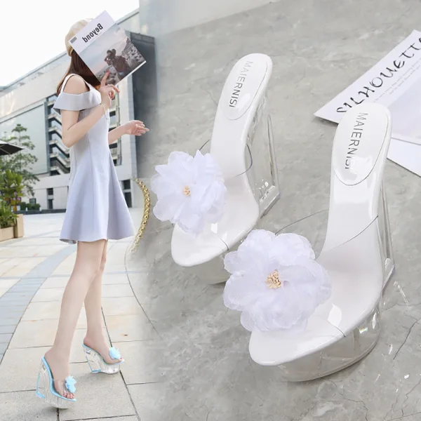 Transparent Charming Outdoor / Garden White Womens Sandals 2020 Flower 14 cm Wedges Open / Peep Toe Sandals