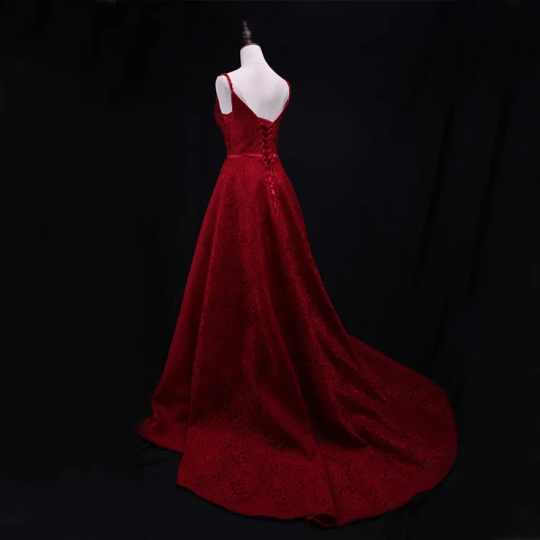 Chic / Belle Bordeaux Robe De Soirée 2018 Princesse Perlage En Dentelle Cristal Ceinture Paillettes Bretelles Spaghetti Sans Manches Dos Nu Train De Balayage Robe De Ceremonie