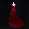 Chic / Beautiful Burgundy Evening Dresses  2018 A-Line / Princess Beading Lace Crystal Sash Sequins Spaghetti Straps Sleeveless Backless Sweep Train Formal Dresses