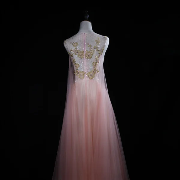 Chic / Beautiful Blushing Pink Evening Dresses 2018 A-Line / Princess Handmade Beading Pearl Sequins Lace Scoop Neck Sleeveless Floor-Length / Long Formal Dresses