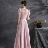 Elegant Blushing Pink Satin Prom Dresses 2021 A-Line / Princess Scoop Neck Backless Bow Short Sleeve Floor-Length / Long Prom Formal Dresses