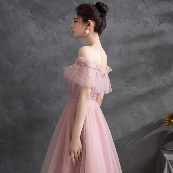 Chic / Beautiful Blushing Pink Prom Dresses 2021 A-Line / Princess Off-The-Shoulder Beading Rhinestone Short Sleeve Backless Floor-Length / Long Evening Party Formal Dresses