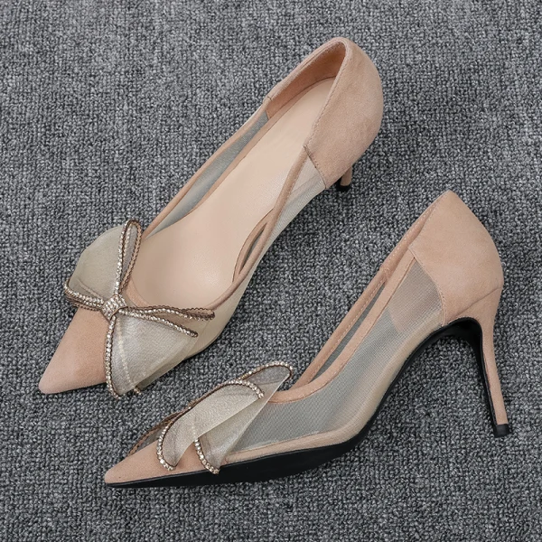 Chic / Beautiful Khaki Prom Pumps 2020 Rhinestone Bow 7 cm Stiletto Heels Pointed Toe Pumps