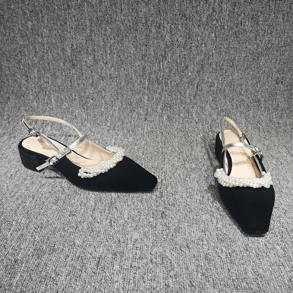Chic / Beautiful Black Casual Pearl Womens Sandals 2020 Slingbacks 4 cm Thick Heels Low Heel Pointed Toe Sandals