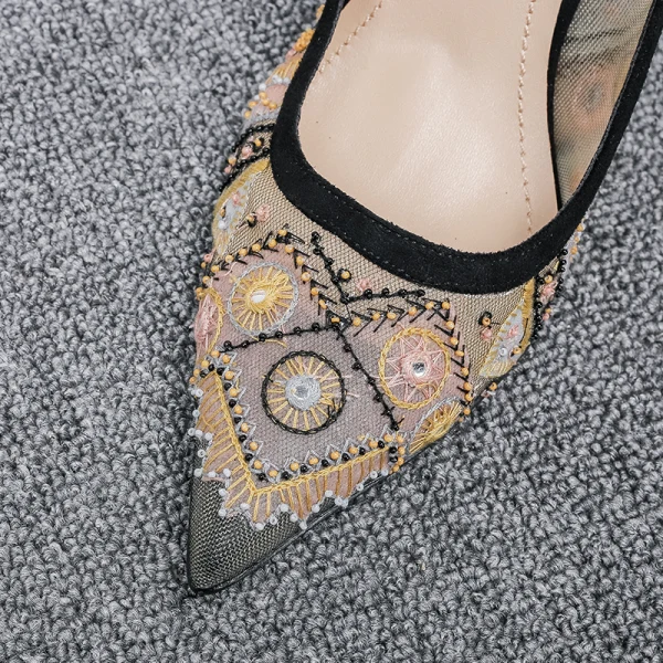 Schöne Schwarz Strassenmode Pumps 2020 Strass Spitze Blumen 9 cm Stilettos Spitzschuh Pumps