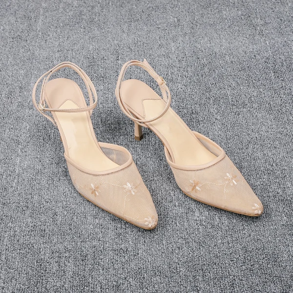 Schöne Nude Cocktail Spitze Sandalen Damen 2020 Knöchelriemen 6 cm Stilettos Spitzschuh Sandaletten