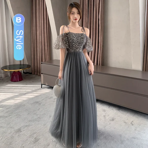 Chic Beautiful Black Grey Bridesmaid Dresses 2021 A-Line Princess Scoop Neck Beading