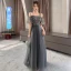 Chic / Beautiful Black Grey Bridesmaid Dresses 2021 A-Line / Princess Scoop Neck Beading Sequins Short Sleeve Backless Floor-Length / Long Bridesmaid Wedding Party Dresses
