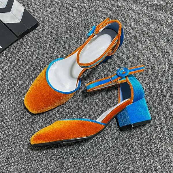 Chic / Belle Orange Cocktail Daim Sandales Femme 2020 Bride Cheville 4 cm Talons Épais Talon Bas À Bout Pointu Sandales