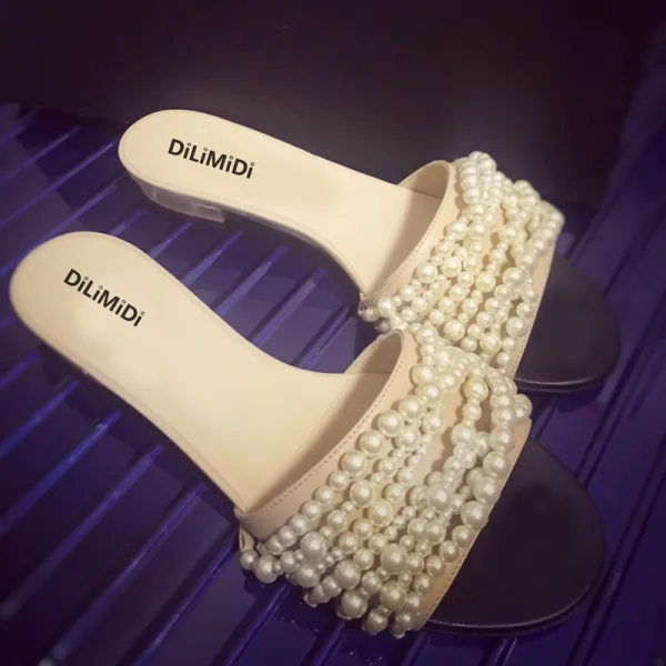 Enkla Svarta Sommar Casual Pärla Toffel & Flip flops 2020 Peep Toe Platt Damskor