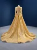Sparkly Gold Beading Pearl Sequins Evening Dresses  2021 Trumpet / Mermaid High Neck Long Sleeve Court Train Evening Party Formal Dresses
