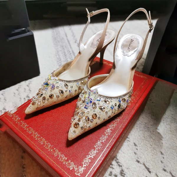 Charmant Himmelblau Strass Pailletten Brautschuhe 2020 Slingpumps 7 cm Stilettos Spitzschuh Hochzeit High Heels