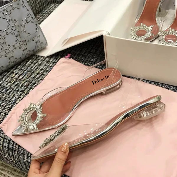Transparent Chic / Beautiful Summer Silver Street Wear Rhinestone Flat Womens Sandals 2020 Pointed Toe