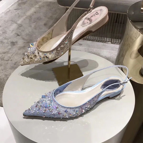 Charmant Sommer Himmelblau Cocktail Damenschuhe 2020 Strass Pailletten Spitzschuh Flache Sandaletten