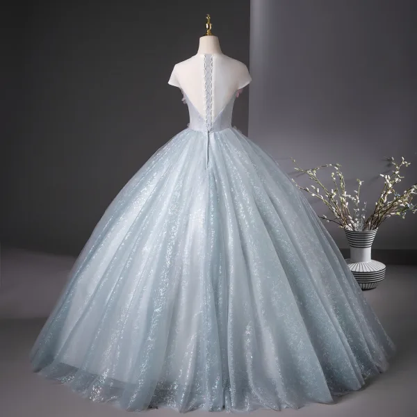 Elegant Sky Blue Sequins Appliques Prom Dresses 2025 Ball Gown Scoop Neck Short Sleeve Floor-Length / Long Prom Formal Dresses