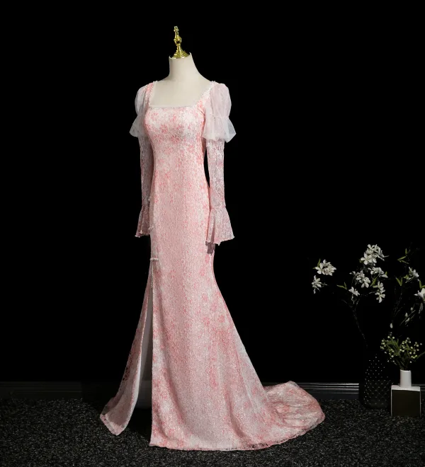 Chic / Beautiful Blushing Pink Beading Lace Flower Split Front Prom Dresses 2025 Trumpet / Mermaid Square Neckline Long Sleeve Backless Sweep Train Formal Dresses