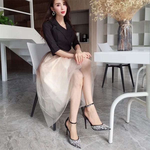Chic / Belle Noire Vêtement de rue Faux Diamant Sandales Femme 2020 Cuir Bride Cheville 10 cm Talons Aiguilles À Bout Pointu Sandales