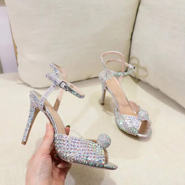 Sparkly Silver Rhinestone Wedding Shoes 2020 Leather Ankle Strap 10 cm Stiletto Heels Open / Peep Toe Wedding Sandals