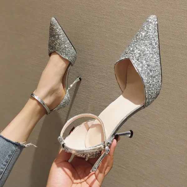 Scintillantes Argenté Soirée Paillettes Sandales Femme 2020 Bride Cheville 7 cm Talons Aiguilles À Bout Pointu Sandales