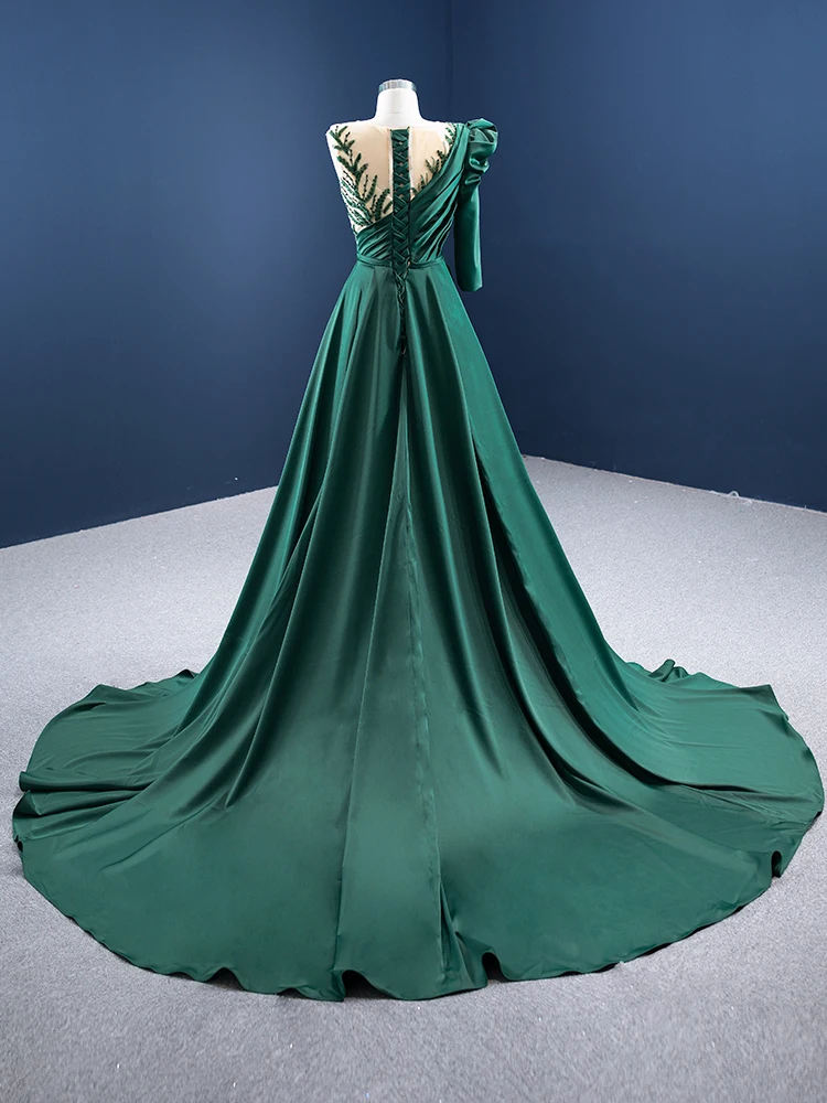 Elegant High-End Dark Green Satin Evening Dresses 2021 A-Line Princess Scoop Neck 3/4