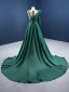 Elegant High-end Dark Green Satin Evening Dresses  2021 A-Line / Princess Scoop Neck Beading Sequins 3/4 Sleeve Sash Chapel Train Evening Party Formal Dresses
