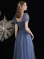Fashion Ocean Blue Prom Dresses 2021 A-Line / Princess V-Neck Bow Beading Sequins Short Sleeve Backless Floor-Length / Long Prom Formal Dresses