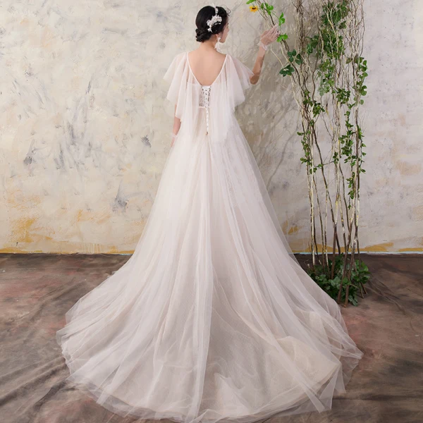 Elegant Champagne Wedding Dresses 2018 A-Line / Princess Lace V-Neck Backless Short Sleeve Court Train Wedding