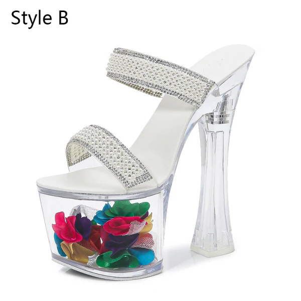 Transparent Amazing / Unique White Rave Club Womens Sandals 2020 Pearl Rhinestone 17 cm Thick Heels Open / Peep Toe Sandals