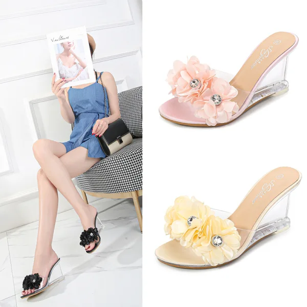 Simple Noire Vêtement de rue Sandales Femme 2020 Appliques Faux Diamant 8 cm Compensées Peep Toes / Bout Ouvert Sandales