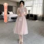 Chic / Beautiful Blushing Pink Bridesmaid Dresses 2021 A-Line / Princess Square Neckline Pearl Sequins Short Sleeve Backless Tea-length Bridesmaid Wedding Party Dresses