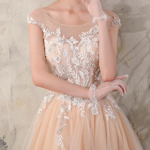Chic / Belle Champagne Robe De Mariée 2018 Princesse En Dentelle Fleur Perle Encolure Dégagée Dos Nu Mancherons Train De Balayage Mariage