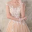 Chic / Belle Champagne Robe De Mariée 2018 Princesse En Dentelle Fleur Perle Encolure Dégagée Dos Nu Mancherons Train De Balayage Mariage