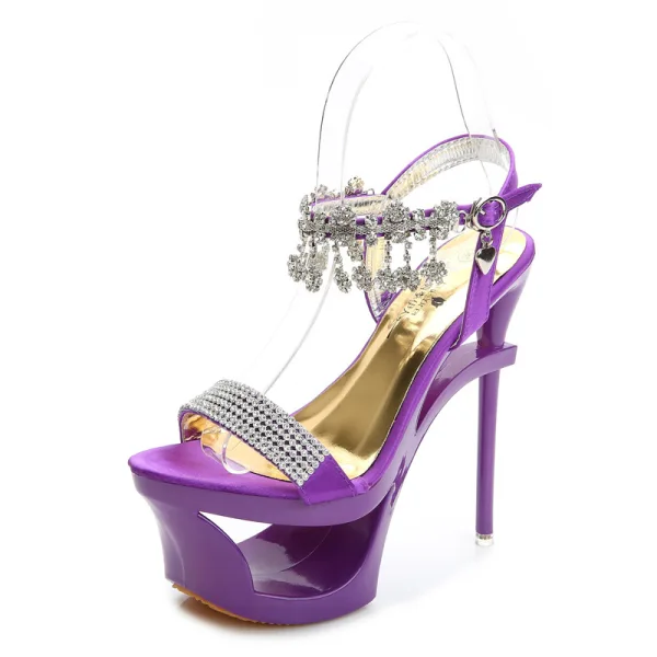 Charmant Sexy Été Beige Club de carnaval Sandales Femme 2020 Faux Diamant Bride Cheville 15 cm Talons Aiguilles Peep Toes / Bout Ouvert Sandales