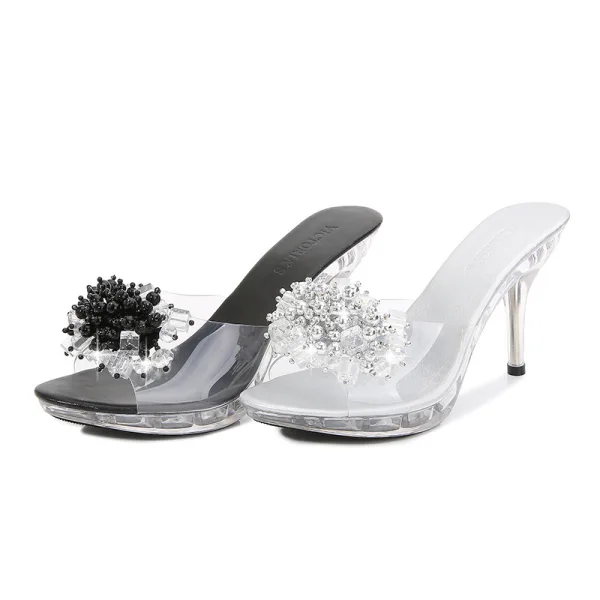 Schlicht Schwarz Strassenmode Strass Sandalen Damen 2020 9 cm Stilettos Peeptoes Sandaletten