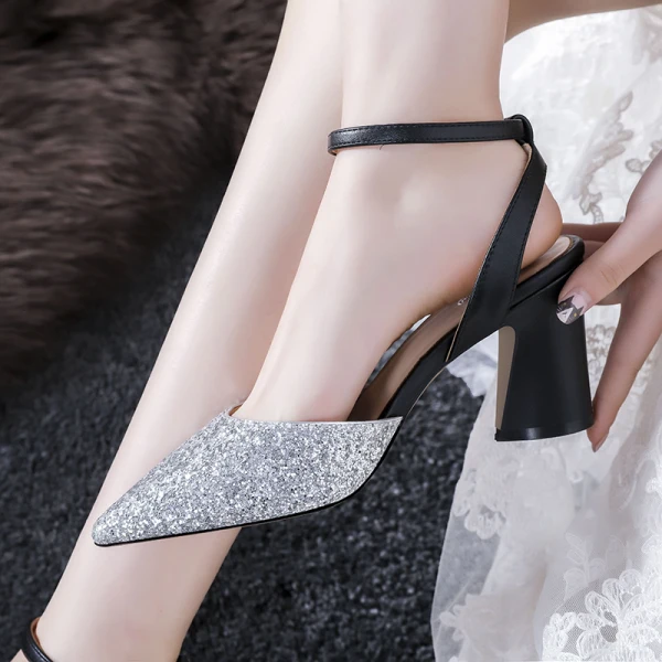 Uroczy Szampan Złote Cekiny Buty Ślubne 2020 Z Paskiem 11 cm Grubym Obcasie Szpiczaste Ślub Sandały