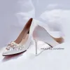 Elegante Weiß Sandalen Damen 2020 Perle Strass 9 cm Stilettos Spitzschuh Hochzeit Pumps