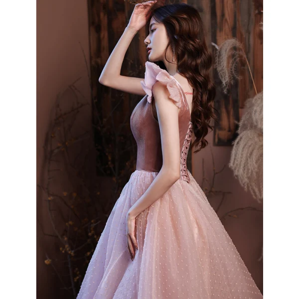 Vintage / Retro Suede Dusky Pink Prom Dresses 2021 A-Line / Princess Sleeveless Backless Square Neckline Tea-length Prom Formal Dresses