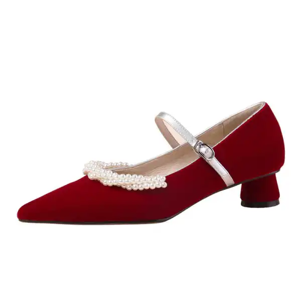 Elegant Burgundy Pearl Low Heel Wedding Shoes 2020 Leather Suede 3 cm Low Heels Kitten