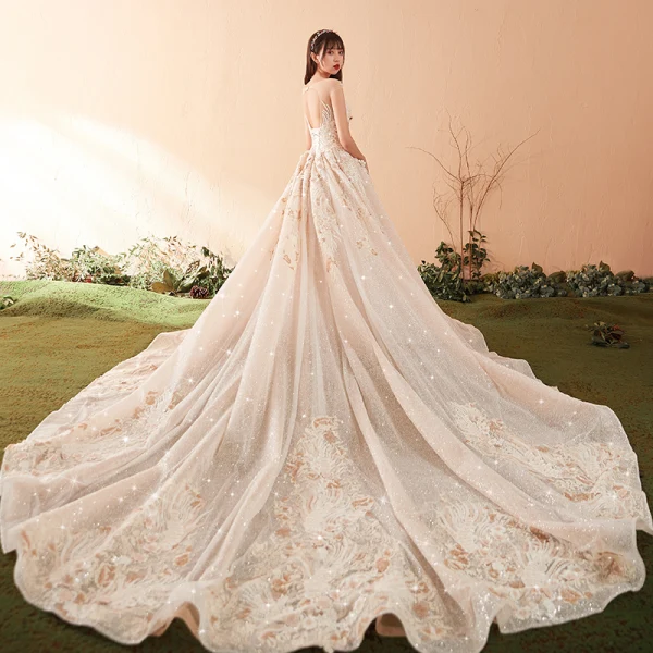 Luxury / Gorgeous Champagne Wedding Dresses 2018 Ball Gown Lace Appliques Beading Crystal Sequins Scoop Neck Backless Sleeveless Cathedral Train Wedding