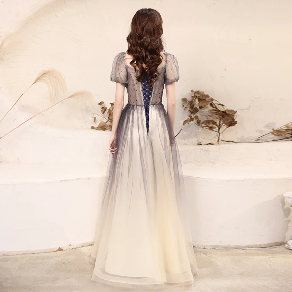 Fashion Navy Blue Glitter Prom Dresses 2021 A-Line / Princess Square Neckline Beading Crystal Short Sleeve Floor-Length / Long Prom Formal Dresses