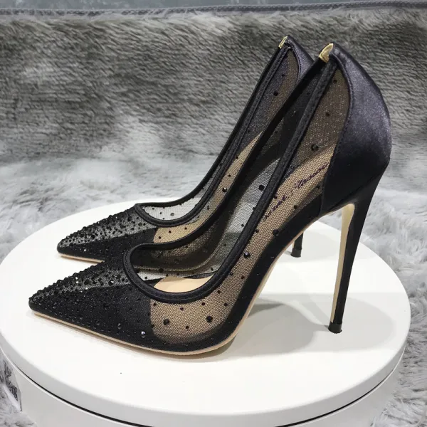 Sjarmerende Svart Aften Rhinestone Pumps 2020 Tyll 10 cm Stiletthæler Spisse Pumps