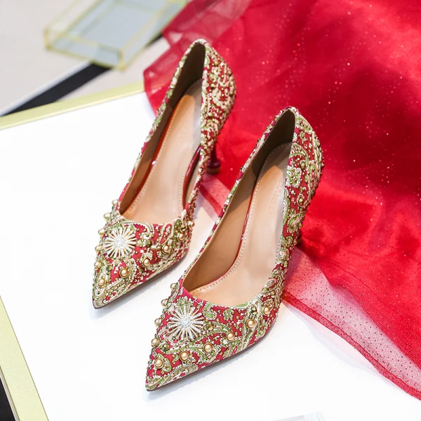 Chinese style Red Wedding Shoes 2020 Pearl Rhinestone 8 cm Stiletto Heels Pointed Toe Wedding Pumps