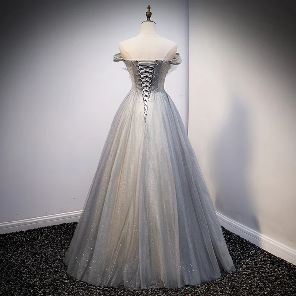 Mode Sølv Glitter Gallakjoler 2021 Prinsesse Off-The-Shoulder Beading Perle Pailletter Ærmeløs Halterneck Lange Galla Kjoler